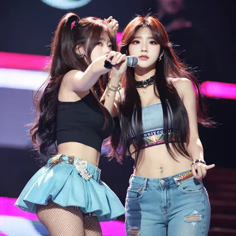 Crie uma  de 23 anos coreana vestida no estilo y2k de cabelo curto e franja em um palco de kpop 