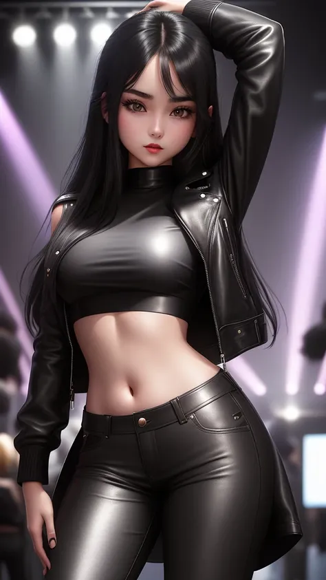 Teenage girl, long black hair, gorgeous face, small breasts, wearing a gray crop top and leather jacket , black rubber trousers, skinny, pretty belly, standing at a nightclub, 30k, exquisite clothing details, high profile.