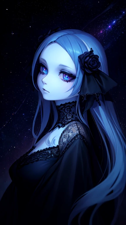 A stunning neo-Victorian cosmic cannibal, her ethereal beauty contrasting with the macabre nature of her existence: porcelain skin adorned with delicate lace, opalescent eyes glazed with hunger, and tendrils of swirling galaxies woven into her flowing midn...