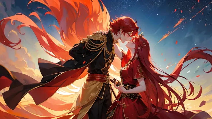 beutiful girl, red hair, nine tailed fox, fox, royal clothes, handsome boy, red hair, gold leaf crown, black royal clothes, crescent-shaped blade, night sky, kiss pose, couple, 8k resolution