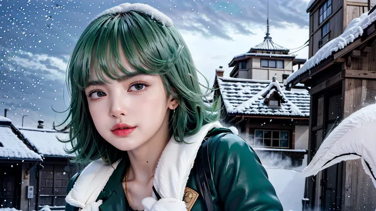 tatsumaki, green hair, perfect body, perfect breasts, wearing a beanie, wearing a winter jacket, wearing a duffle coat, carrying a bag, wearing a watch, wearing earrings, in public, creatures in Tokyo city, on the street, snow in road, its snowing, looking...