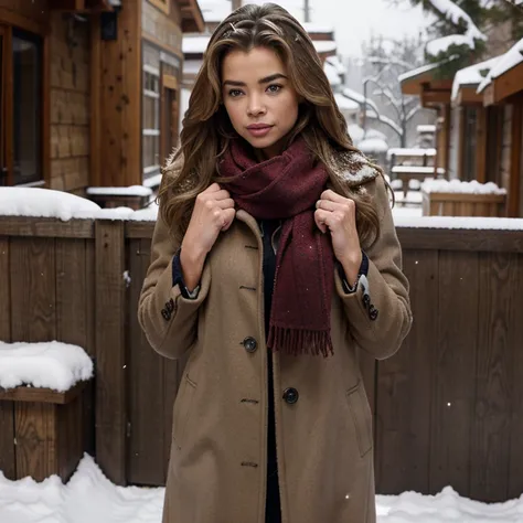 Denise Richards in the snow wearing a coat and scarf