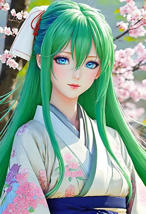 Anime girl with blue eyes, long green hair, and Japanese clothes 