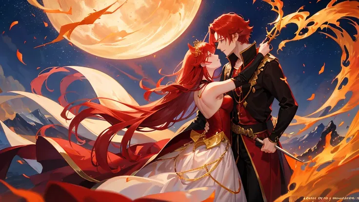 beutiful girl, red hair, nine tailed fox, fox, royal clothes, handsome boy, red hair, gold leaf crown, black royal clothes, crescent-shaped blade, night sky, kiss pose, couple, 8k resolution