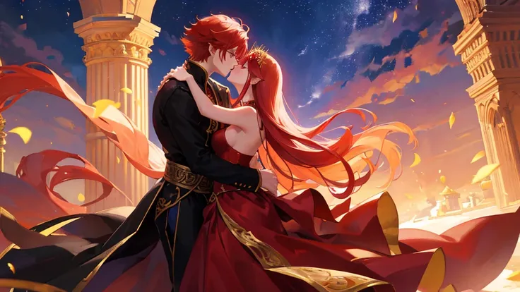 beutiful girl, red hair, nine tailed fox, fox, royal clothes, handsome boy, red hair, gold leaf crown, black royal clothes, crescent-shaped blade, night sky, kiss pose, couple, 8k resolution