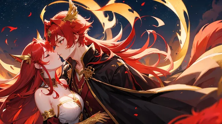 beutiful girl, red hair, nine tailed fox, fox, royal clothes, handsome boy, red hair, gold leaf crown, black royal clothes, crescent-shaped blade, night sky, kiss pose, couple, 8k resolution