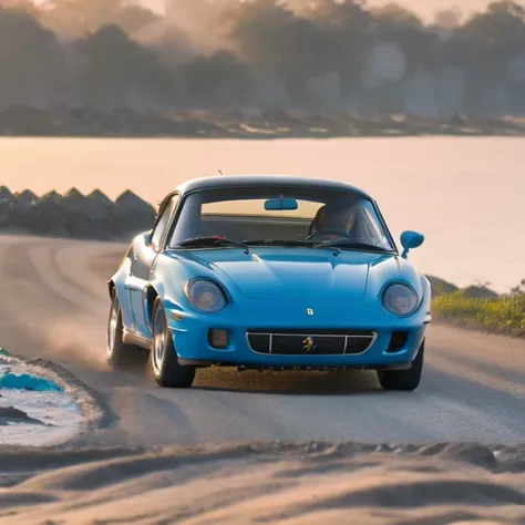 Motion graphics de Carro Ferrari negro deportivo avanzado de frente por la carretera con un atardecerhermoso y rodeado de una bonita naturaleza y una playa