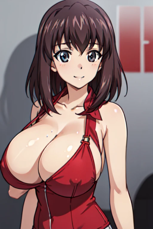 (anime cels style, best quality, high resolution, megami magazine, anime poster style, sharp, photorealistic), (beautiful eyes:1.2), kondou_taeko, Girls und Panzer, 1girl, solo, smile, gray eyes, brown medium hair, hair intakes, red headband, (sagging huge...