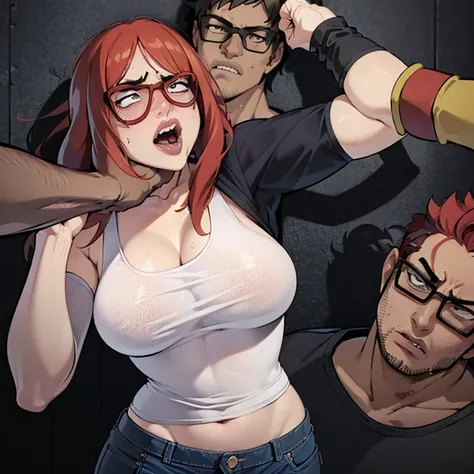 1woman, CARTOON_barbara_ownwaifu,cell Shading,anime coloring,black tank top, assaulted by a scary man,masterpiece,best quality,.ownwaifu.com,long hair,glasses,red hair,blue eyes,black-framed eyewear,breasts,under-rim eyewear,semi-rimless eyewear, curvy, to...