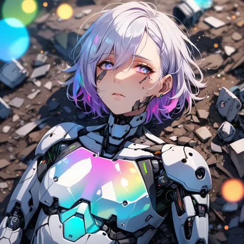 ((1man)), a broken ruined cyborg adult man in a landfill, sad, robot, beautiful face, body is broken with scars and holes, laying on the ground, 8K, (dynamic perspective), sharp focus, (depth of field, bokeh:1.3), extremely detailed eyes and face, beautifu...