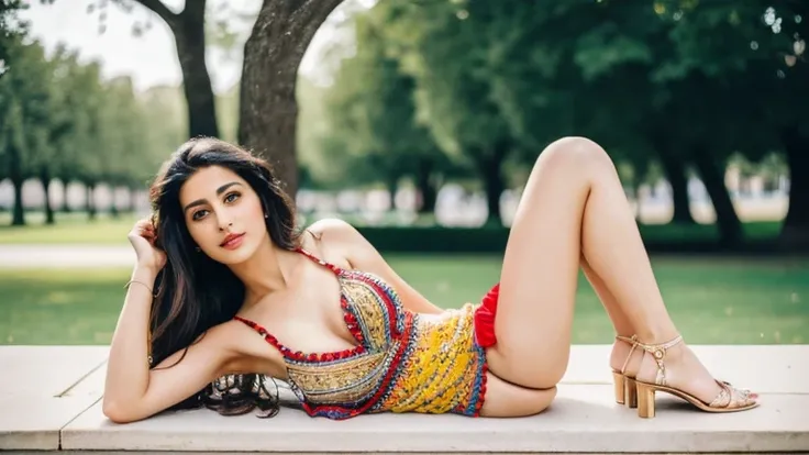 
A 30-year-old woman of mixed Indian and Moroccan , long hair , very realistic, Classy and pretty, chilling at home.  full body portrait,  at park of Tuileries