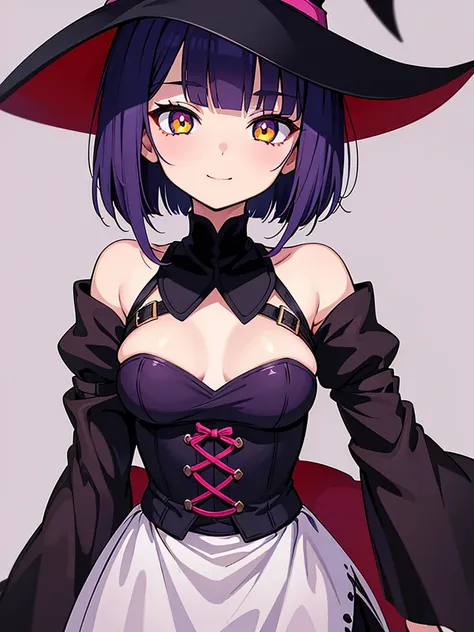 Witchs outfit, Anime-style portrait of a teen-ager girl with a deep violet bob cut, (Golden eyes), bright eyes, detailed eyes, baby-faced, eye contact with the camera, subtle smile, minimalistic background to emphasize character, high contrast, clean lines...