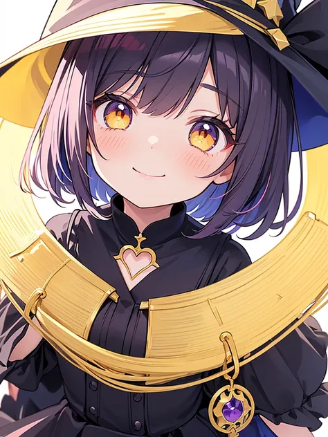 Witchs outfit, Anime-style portrait of a teen-ager girl with a deep violet bob cut, (Golden eyes), bright eyes, detailed eyes, baby-faced, eye contact with the camera, subtle smile, minimalistic background to emphasize character, high contrast, clean lines...