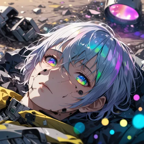 (1man), a broken ruined cyborg adult man in a landfill, sad, robot, beautiful face, body is broken with scars and holes, laying on the ground, 8K, (dynamic perspective), sharp focus, (depth of field, bokeh:1.3), extremely detailed eyes and face, beautiful ...