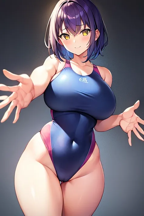 1girl, large breasts, breasts, wide hips, thick thighs, purple hair, short hair, very short hair, yellow eyes, one-piece swimsuit, blue swimsuit, competition swimsuit, black one-piece swimsuit, light smile, smile, hourglass figure, toned, toned female, tal...