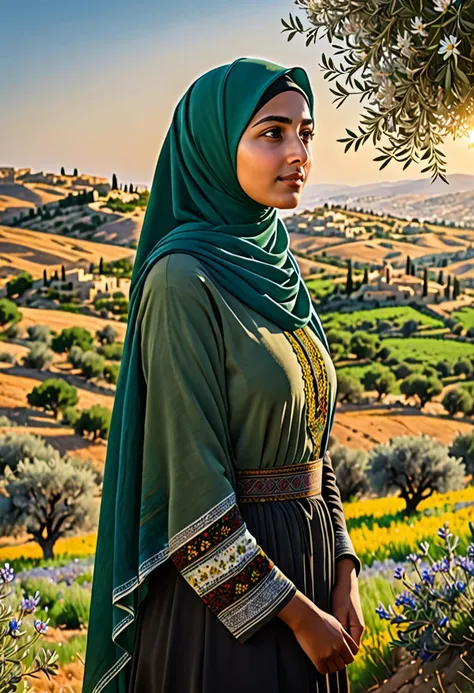 (best quality,4k,8k,highres,masterpiece:1.2), ultra-detailed, realistic:1.37, young Hijabi Palestinian woman, gazing out, sprawling landscape, ancestral homeland, deep connection, longing for freedom, detailed eyes and face, traditional clothing, vibrant c...