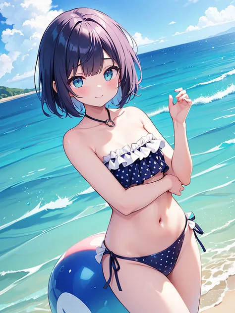 a girl standing in shallow ocean water under a clear blue sky. She has a sun-kissed complexion and a deep violet bob cut hair. She is wearing a two-piece swimsuit with a strap around the neck; the top is bandeau-style with a halter neck strap, featuring a ...