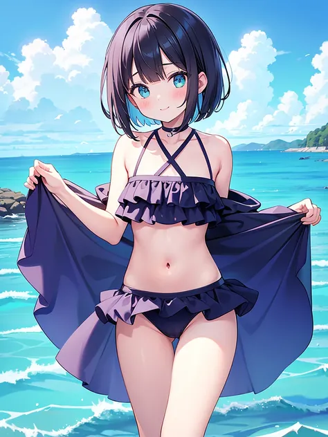 a girl standing in shallow ocean water under a clear blue sky. She has a sun-kissed complexion and a deep violet bob cut hair. She is wearing a two-piece swimsuit with a strap around the neck; the top is bandeau-style with a halter neck strap, featuring a ...