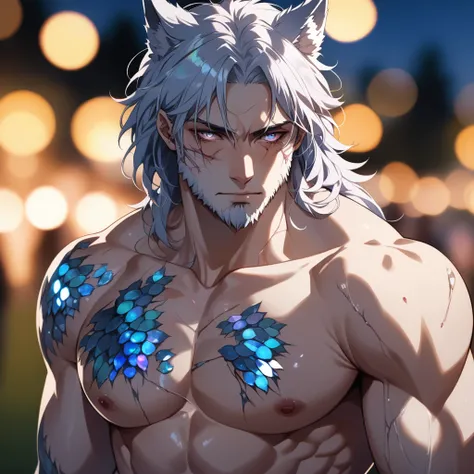 ((1man)), a desperate and sad wolf man in a park, handsome face, body is broken with scars, standing proudly, 8K, (dynamic perspective), sharp focus, (depth of field, bokeh:1.3), extremely detailed eyes and face, beautiful detailed eyes, cinematic lighting...