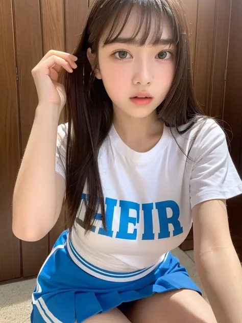 (highest quality, 8K, masterpiece ),12 year old junior high school student,big breasts、 super detailed face, bangs、tight t-shirt、double eyelid, (micro mini skirt:1.2)、strong natural light、