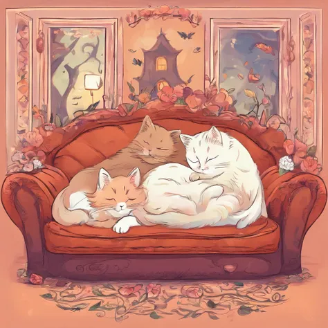 Fluffy cute cats sleep sweetly on a cozy sofa, the mouse sleeps nearby, the ghost fell asleep in the corner,
cute