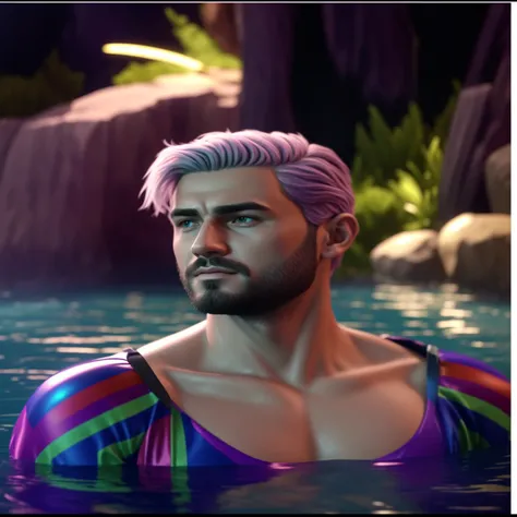 um homem com cabelo rosa e uma camisa colorida em uma piscina, ultrarealista, realista, 8k, XQC, rossdraws global illumination, Ryan Glitter Artista Conceitual, septic eye, 8k portrait rendering, besta, hyper-realistic content, photoestilo de arte realista...