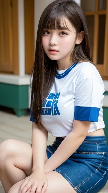 (highest quality, 8K, masterpiece ),12 year old junior high school student,big breasts、 super detailed face, bangs、tight t-shirt、double eyelid, (Slit Micro Mini Skirt:1.2)、knee、thighs、strong natural light、