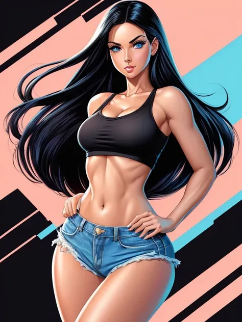 Digital Drawing, 4k, best quality, Comic Babes, (high quality, best rendering), (beautiful girl), blue eyes, ((long straight black hair)),(bombshell, pin-up style), psychopath, Face crazy, sexy pose, short denim shorts, tank top, pastel, centered, size to ...