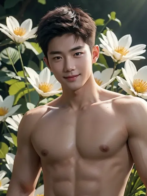 Naked man, many flowers on the body , shirtless , adorable smile , realistic handsome Korean face , modest muscles , masterpiece、A high resolution、hyperrealism、detailed face、solo、a men、glowing skin、(Asian)、(young、teenager)、Handsome、detailed background、Hand...