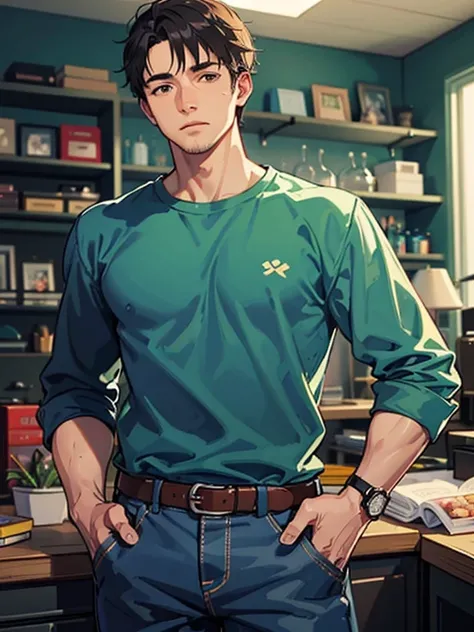 insecure dad, in his 30s, 5 oclock shadow, shirt, jeans, handsome, in mancave