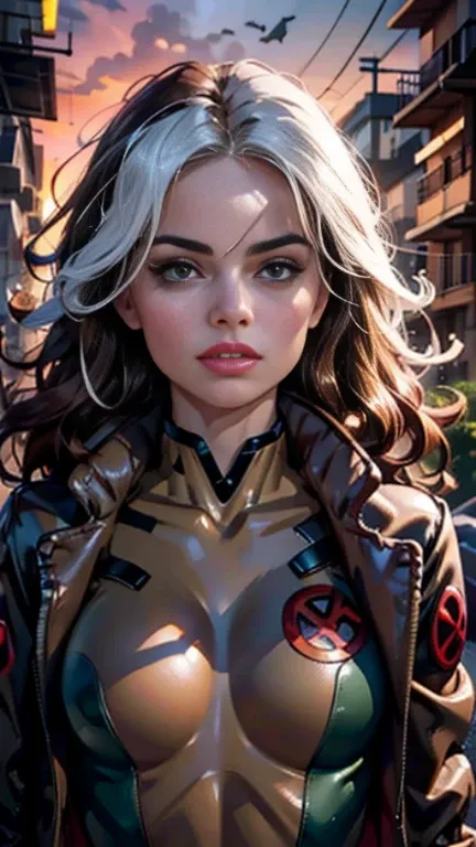 margot robbie、Wet、full body figure, long hair, brown hair, green eyes, lipstick, compensate, lips,Emphasize cleavage、 sexy、White stripes in hair, like, wavy hair, messy hair, curly hair, middle～big breasts, Surface Plot, ((Kelli Berglund:Bailee Madison:0.5...