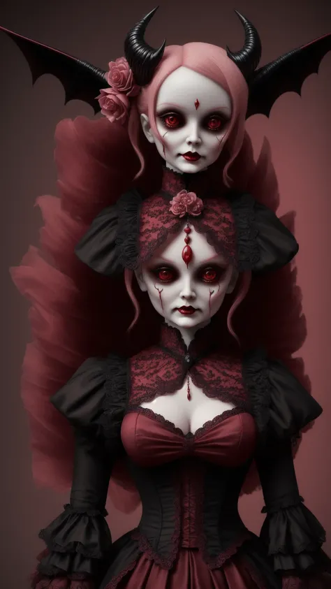 logo, demon, Victorian doll, elegant, professional art, Blood Red, Soft pink, coral pink, soft gray, skeleton, bat, detailed, crisp quality, extremely detailed, eat the demons, soft elegance, fashion, professional quality,