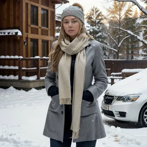 Maria Sharapova in the snow dressed in a coat and scarf