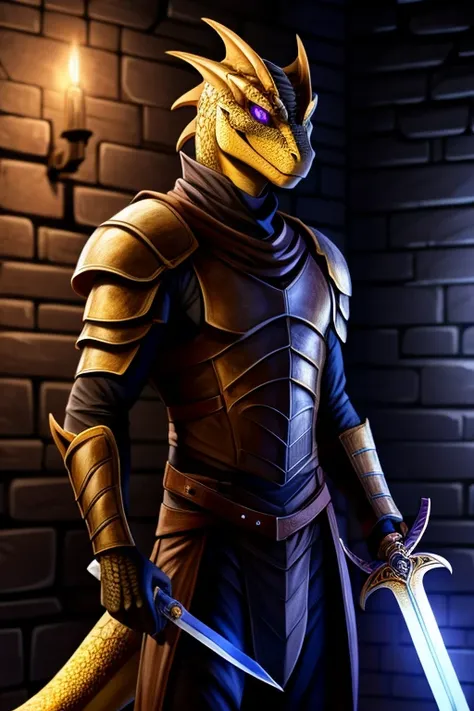 Anthro lizard, male, golden scales, purple glowing eyes, large black pupils, slim, brown leather armour, Holding sword, dungeon background,