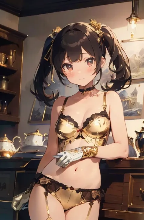 (masterpiece:1.8),(highest quality:1.8),(Super detailed:1.8),(8K:1.8),(Ultra-fine illustration:1.5),cute beautiful girl,lolita style,skinny,small ass,Up Twin Tail,flat chest,small breasts,(Shiny metallic gold AA cup bra,panties),,Gold Corset,choker,Gold Lo...