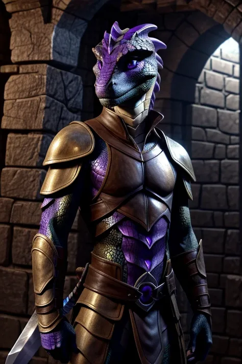 Anthro lizard, male, golden scales, (purple irises:1.1), purple eyes, large black pupils, slim, brown leather armour, Holding sword, dungeon background,