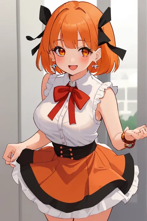 1girl, solo, breasts, looking at viewer, blush, smile, short hair, open mouth, bangs, skirt,  shirt, hair ornament, ribbon, jewelry, hair ribbon, white shirt,  :d, earrings, e cup, sleeveless, orange hair, black ribbon, capelet, red skirt, 