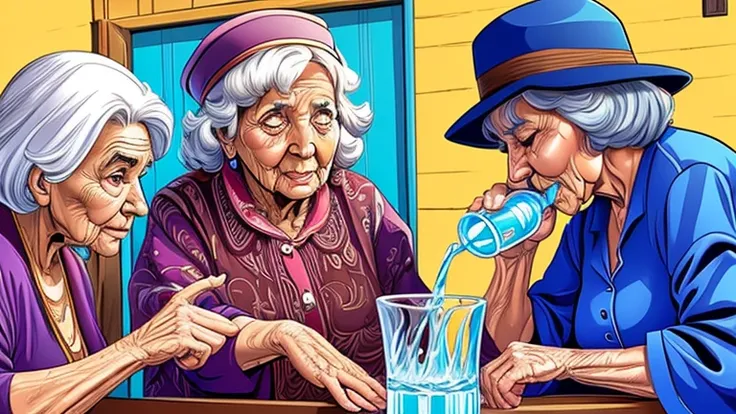 Digital Drawing, 4k, best quality, Comic Babes, Elderly Woman, Old Woman, Woman drinking water!