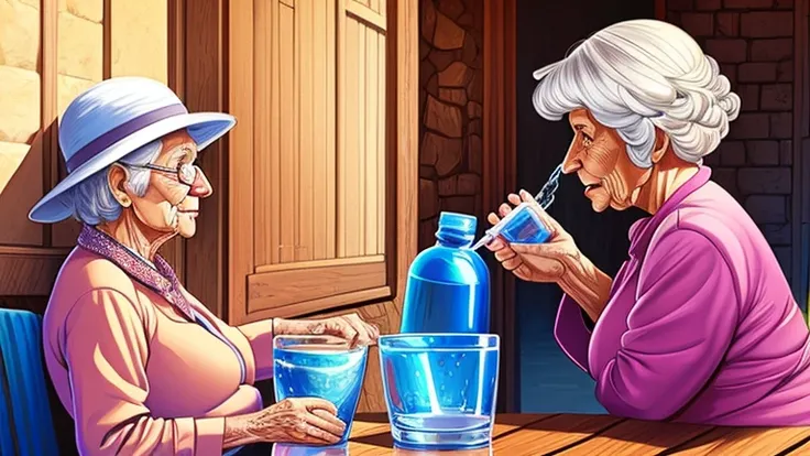 Digital Drawing, 4k, best quality, Comic Babes, Elderly Woman, Old Woman, Woman drinking water!