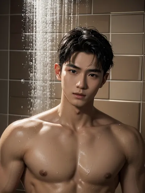 2 naked men, Washing each others bodies、shower room , washing himself , body covered in a lot od bubbles , steam, shirtless , realistic handsome Korean face , modest muscles , masterpiece、A high resolution、hyperrealism、detailed face、solo、a men、glowing skin...