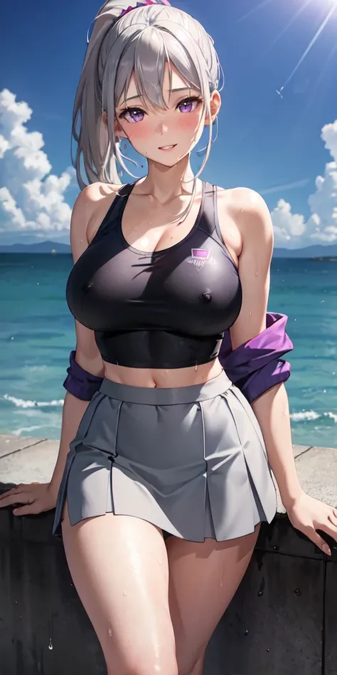 realistic, 1 girl, ponytail, parted lips, blush, compensate, light smile, gray hair, sportswear, skirt, wet clothes, shine, thighs, purple eyes, bare shoulders, clavicle, tight waist, sunbeam, sunlight, Rose, Wind, cleavage, (masterpiece), Sweat,