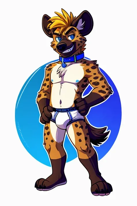 handsome, hyena, scruffy fringe, blue collar, eyes with a mischievous glint, blue eyes, good eyes, average build, small grin, foot paw (4 digits on paw), thick white briefs, white underwear, vibrant colours, sticker, cartoon style, (no background)