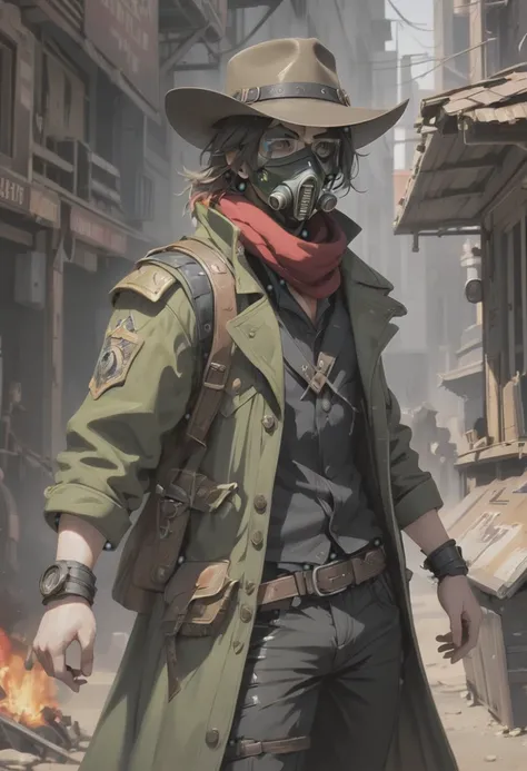 Post apocalyptic, Gunslinger, junkworld, fantasy, hidden face, cowboy hat, masked, cyberpunk gas-mask, Male, tactical vest, cyberpunk post apocalyptic, olive green coat, black pants, black bulletproof vest, red scarf, duster coat, olive green duster coat, ...