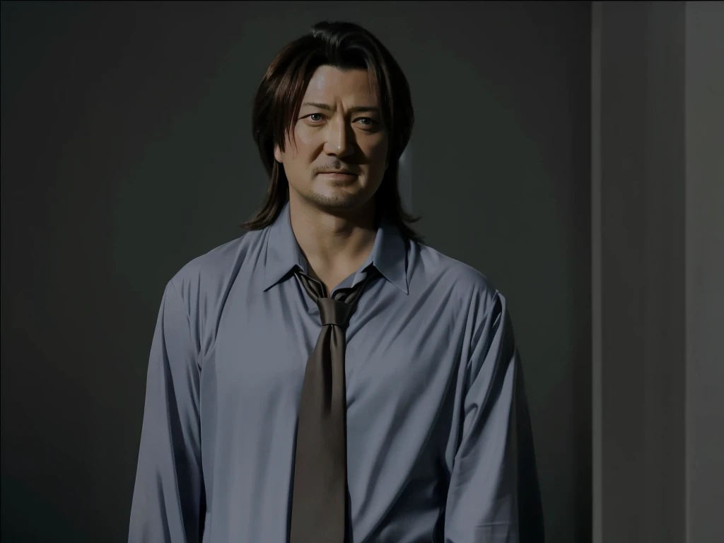 a close up of a person in a shirt and tie with a knife, anime film, boromir in an 80s anime world, in the anime series monster, creepy, ozabu, takehiko inoue art style, in the anime film, hyper realistic art, masterpiece, high quality, european man face, d...