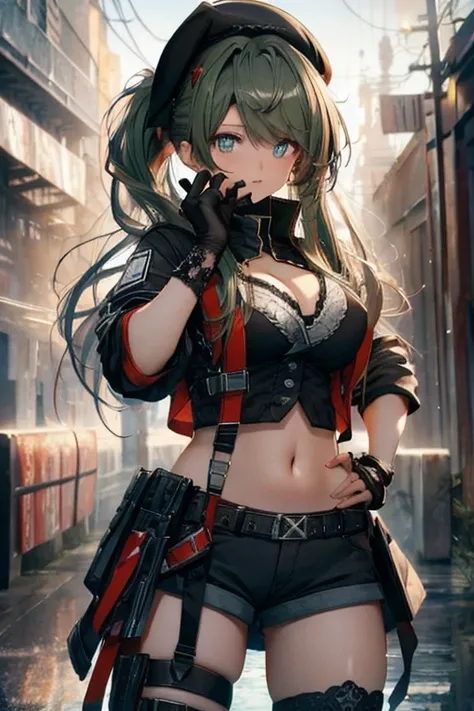 ubel,dark green hair,long hair,side ponytail,hair between eyes,bangs, BREAK (beret, black jacket, open clothes, cleavage, midriff, black shorts, black thighhighs, thigh strap, fingerless gloves, single glove:1.2) BREAK blurry background, BREAK pose, hand o...