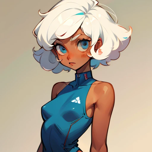 cute androgynous  tomboy girl, medium white hair, sporty, tan skin, breasts, curly hair