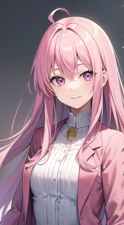 最high quality,very detailed,high quality,Extremely detailed,masterpiece,Super fine,ultra high resolution,超high quality,super delicate face,super realistic,(1 person:1.2)、woman、(Mature:1.5)、pink hair color、(pink eyes)、small breasts 、slender body、Ahoge、(smil...