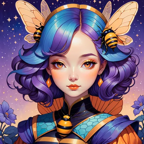 Queen Bee with blue-purple and deep-orange palette in audrey kawasaki art style