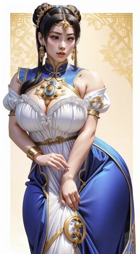 a woman in a blue dress with a gold ring on her neck, portrait of chun - li, portrait of chun li, chun li, chun - li, chun-li, thicc, commission for high res, full body xianxia, highly detailed exquisite fanart, royal elegant pose, anime goddess, ((a beaut...