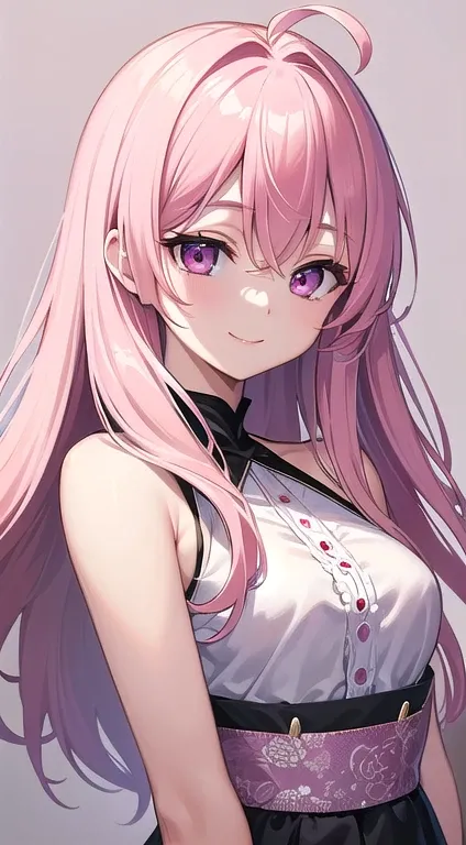 最high quality,very detailed,high quality,Extremely detailed,masterpiece,Super fine,ultra high resolution,超high quality,super delicate face,super realistic,(1 person:1.2)、woman、(Mature:1.5)、pink hair color、(pink eyes)、small breasts 、slender body、Ahoge、(smil...